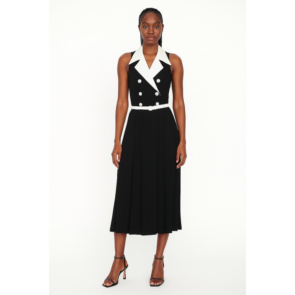 American VTG black midi pleated dress white lapel double breasted buttons belt L